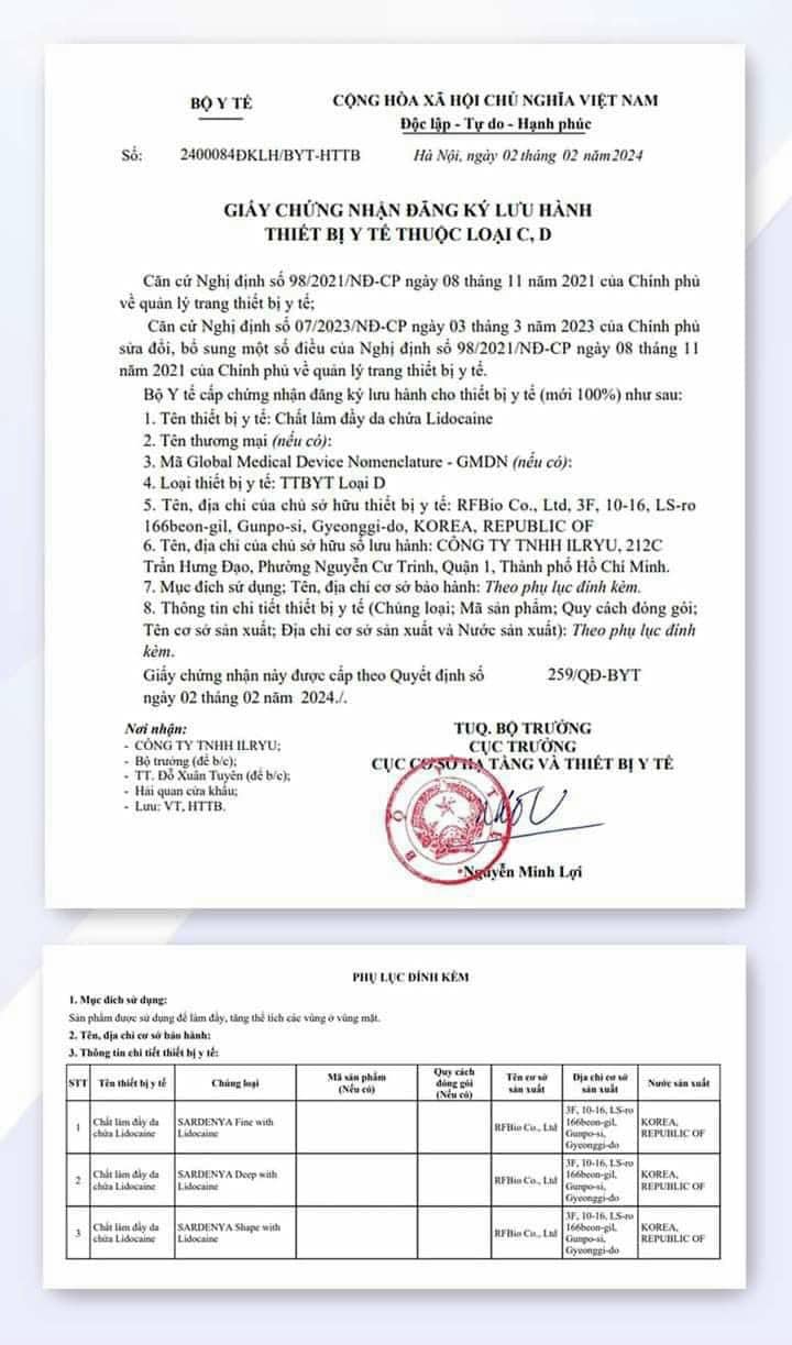 Filler sardenya được bộ y tế cấp phép 